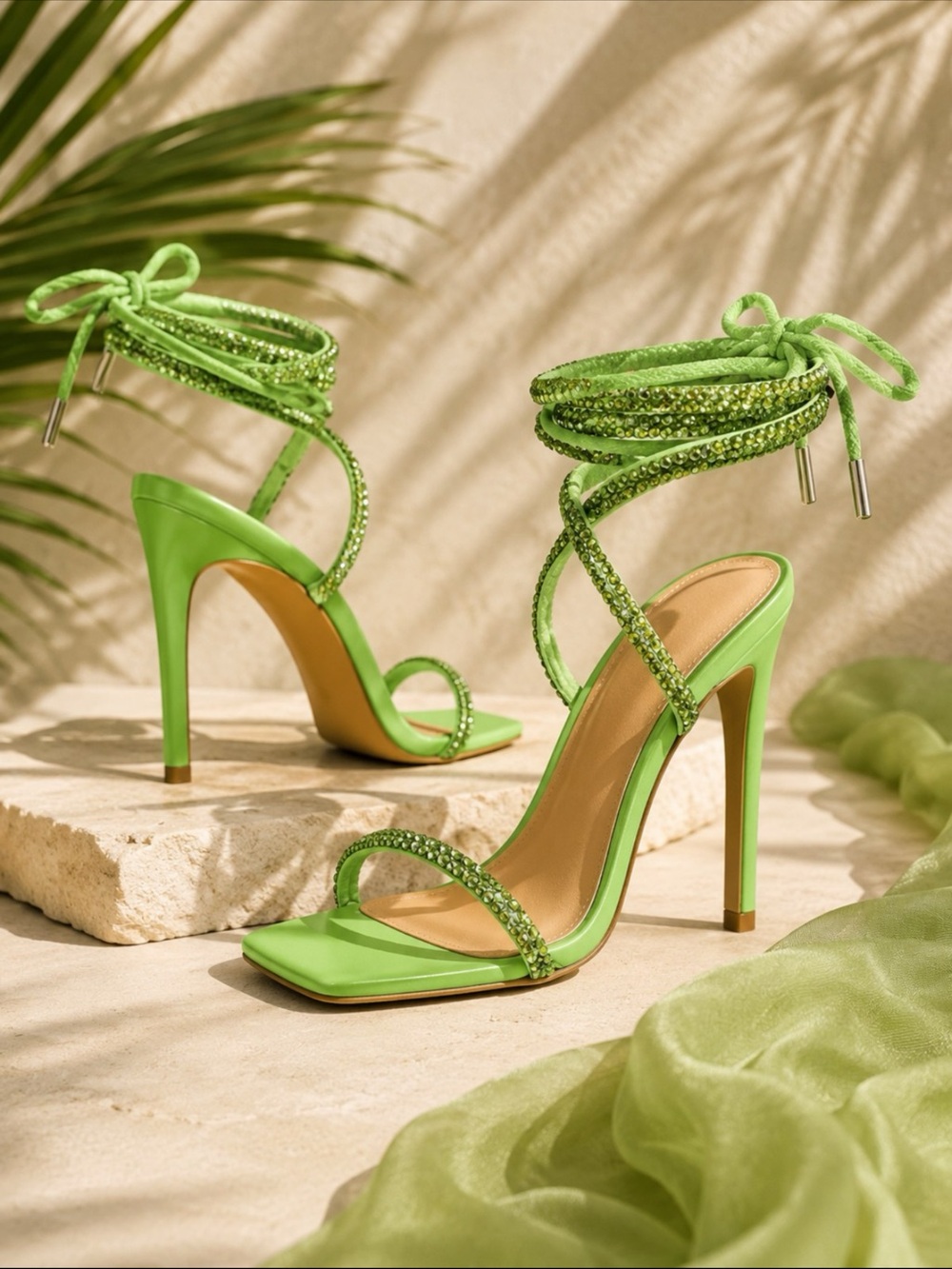 Steve Madden Lime Green Crystal Lace-Up Uplift Heel Sandals